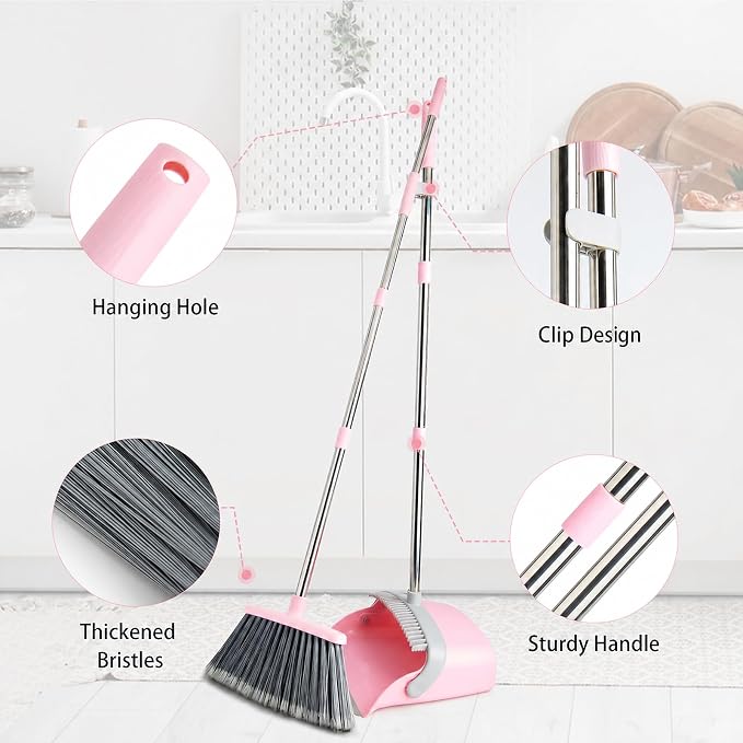 Broom and Dustpan Combo Set, Long Handle and Standing Dust Pan with Comb Teeth, Efficient Floor Cleaning for Kitchen, Outdoor, Dorm, Apartment, Office Lobby (Pink Gray)
