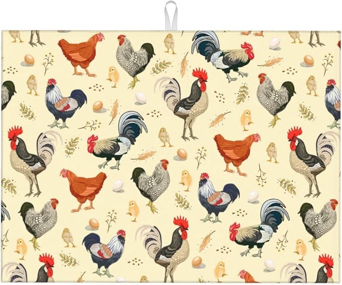 Chicken Dish Drying Mat for Kitchen Counter Cute Kitchen Mat Microfiber Kitchen Countertop Absorbent Reversible Drainer Rack Pad Dish Drying Mat 18 x 24 Inch