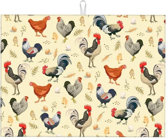 Chicken Dish Drying Mat for Kitchen Counter Cute Kitchen Mat Microfiber Kitchen Countertop Absorbent Reversible Drainer Rack Pad Dish Drying Mat 18 x 24 Inch