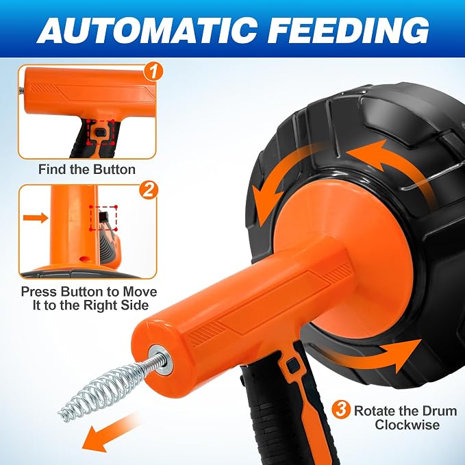 Drainsoon Auto Feed Drain Auger with Drill Adapter, 33 Feet Drain Snake Hair Clog Remover, Manual or Powered Plumbing Snake Drain Cleaner for Bathroom, Shower, Kitchen Sink, Comes with Gloves