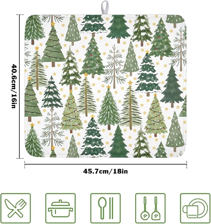 Christmas Dish Drying Mat 16x18 Inch Green Xmas Tree Winter Snowflake | Polyester，Absorbent Microfiber，for Kitchen Coffee Dining Bar Decor
