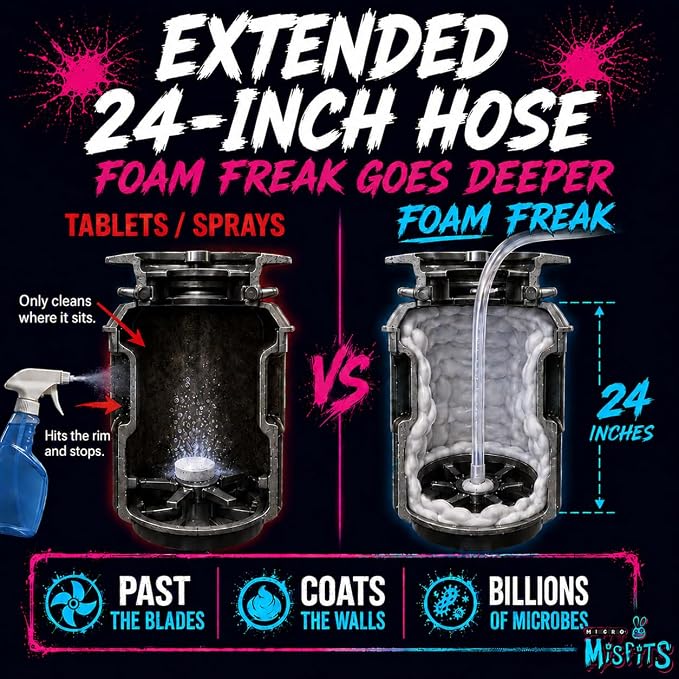 Foam Freak Foaming Garbage Disposal Cleaner & Deodorizer | Probiotic Enzymatic Formula | Lemon Scent | 24-Inch Hose | 1-Year Supply | Enzyme Drain Odor Eliminator for Kitchen Sink
