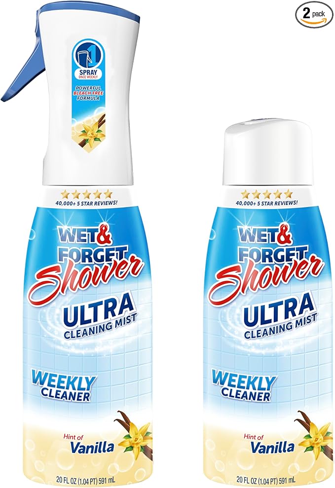 WET & FORGET Shower Ultra Cleaner Mist Vanilla Scent No-Scrub Weekly Bathroom Spray for Fiberglass, Tile, Glass, Grout & More, 1 Spray and 1 Refill, 20oz each