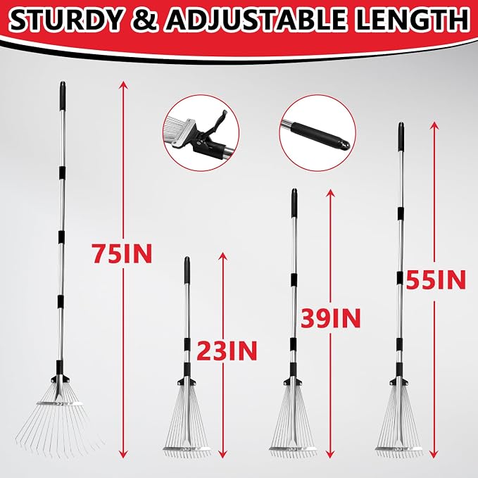 Leaf Rake Adjustable 23" to 75" - Stainless stelel Rake for Leaves, Garden Tools for Yard Lawn Shrub Garden Beds, Rastrillo para Jardin