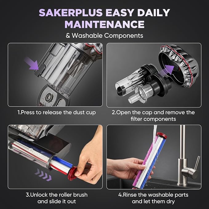 SakerPlus Mattress Vacuum Cleaner, Bed Vacuum with Smart Dust Sensor, Strong Suction, Dual Dust Cup and Washable Rolling Brush for Bed, Mattress, Sofa, Couch and Pet Hair
