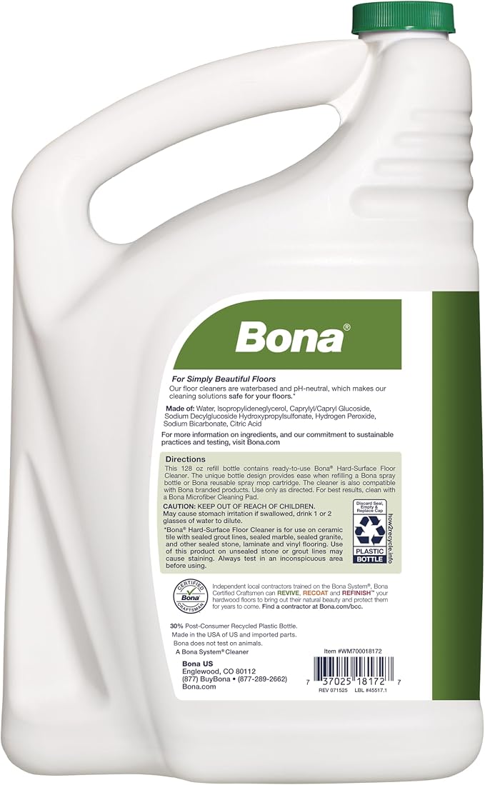 Bona Multi-Surface Floor Cleaner Refill - 128 fl oz - Unscented | Refill for Bona Spray Mops and Spray Bottles - Residue-Free Cleaning Solution for Stone, Tile, Laminate, and Vinyl Floors