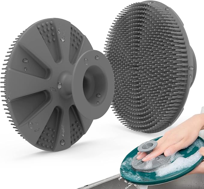 Silicone Dish Scrubber, Non-Scratch Scrub Spong for Washing Dish, Pot, Pan | Kitchen Silicone Sponge, Fruit & Vegetable Cleaning Brush, Reusable Dishwashing Scrubber, Suction Up Hang, 1 Pack, Gray