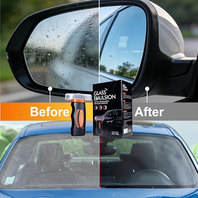 Glass Emulsion Cleaner, Windshield Cleaner, Car Windshield Cleaner Tool Roll-On Glass Compound with Cleaning Board, Removes Oil Film & Smudges, Improve Windshield Clarity for Safe Driving(100ml+Brush)
