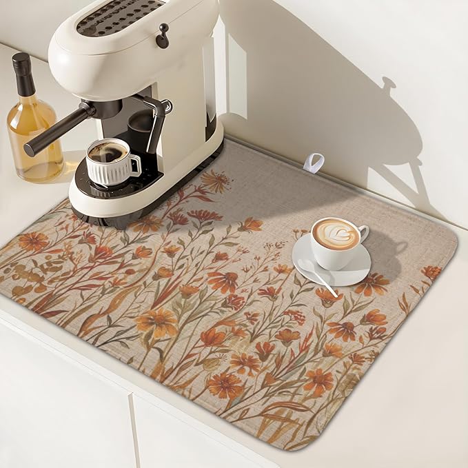 Fall Floral Dish Drying Mat for Kitchen Counter 16 x 18 Inch Autumn Sunflower Dish Drainer Mat Absorbent Microfiber Thanksgiving Dish Rack Pad for Coffee Dining Bar Kitchen Decor
