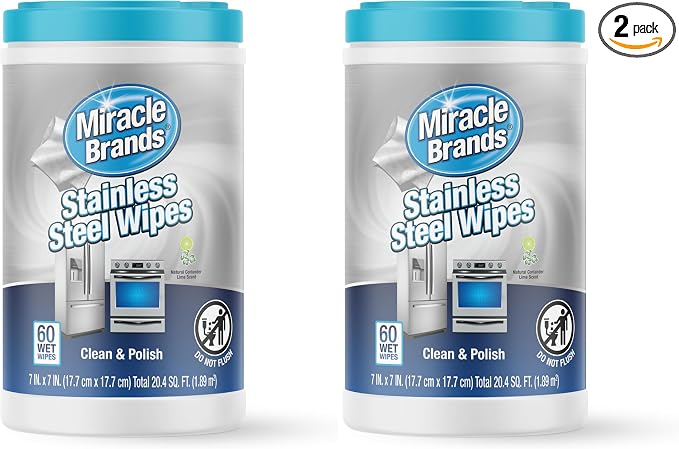 MiracleWipes for Stainless Steel, Great for Kitchen and Appliances, Including Oven, Refrigerator, Dishwasher, Microwave, Sink, Hood, Grill, Removes Fingerprints and Smudges - 60 Count (Pack of 2)