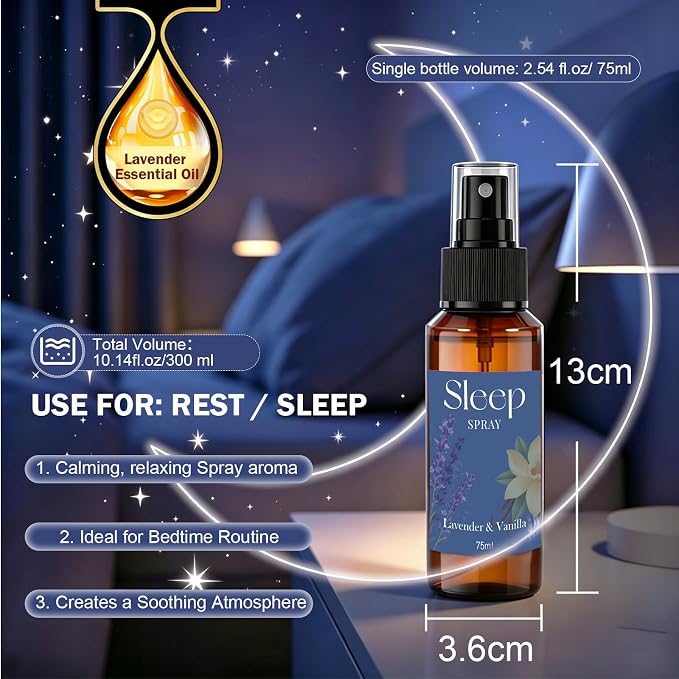 SCENTORINI Sleep Spray, 10.14 oz Calming Lavender Spray for Sleep | Lavender Essential Oil, 4 Pack Relaxing Aromatherapy Pillow Mist for Bedding Fabric, Liners, Sheets, Room Spray Air Freshener