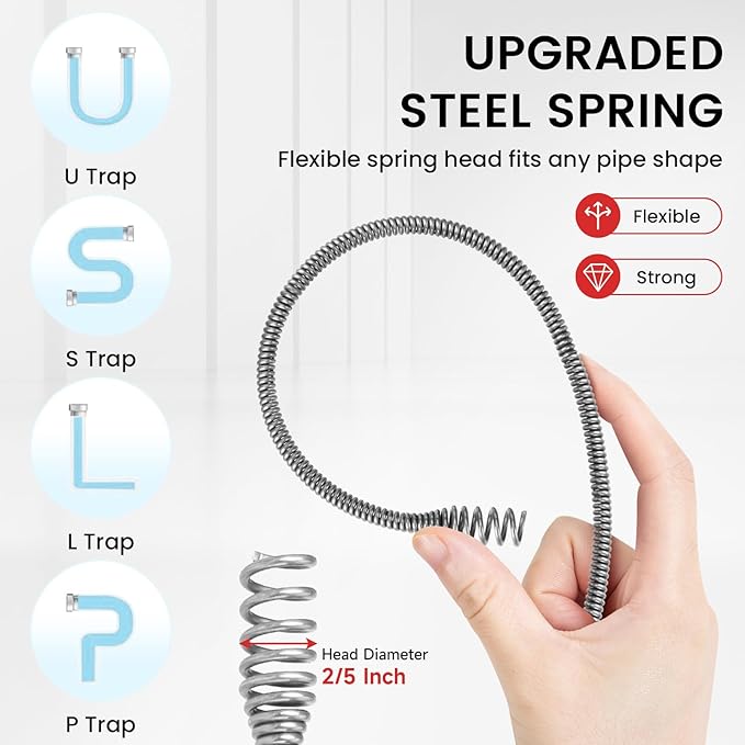 XJX Drain Auger, Plumbing Snake with Drill Adapter, 25FT Flexible Steel Drain Clog Remover, Manual or Powered for Kitchen, Bathroom & Shower Sink, with Gloves and Storage Bag Red