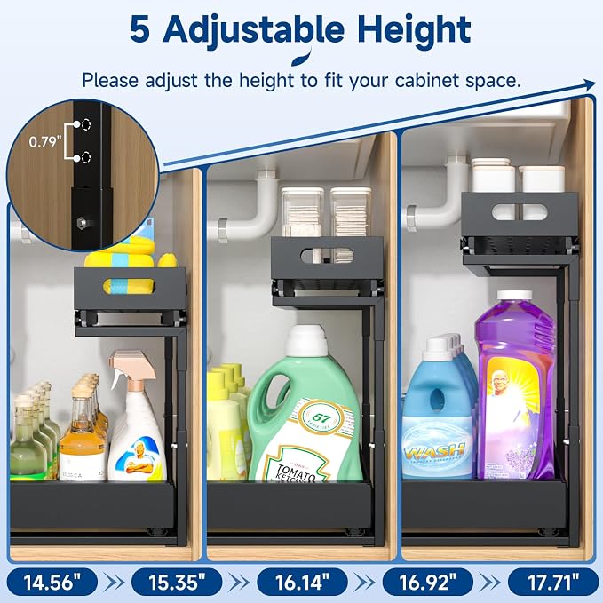 Insputer Upgrade Expandable Under Sink Organizer, 2 Tier Metal Under Cabinet Storage with 3 Slide Rails, Height Adjustable, Thickened Pull Out Drawer Shelf for Bathroom, Kitchen, Laundry, Pantry