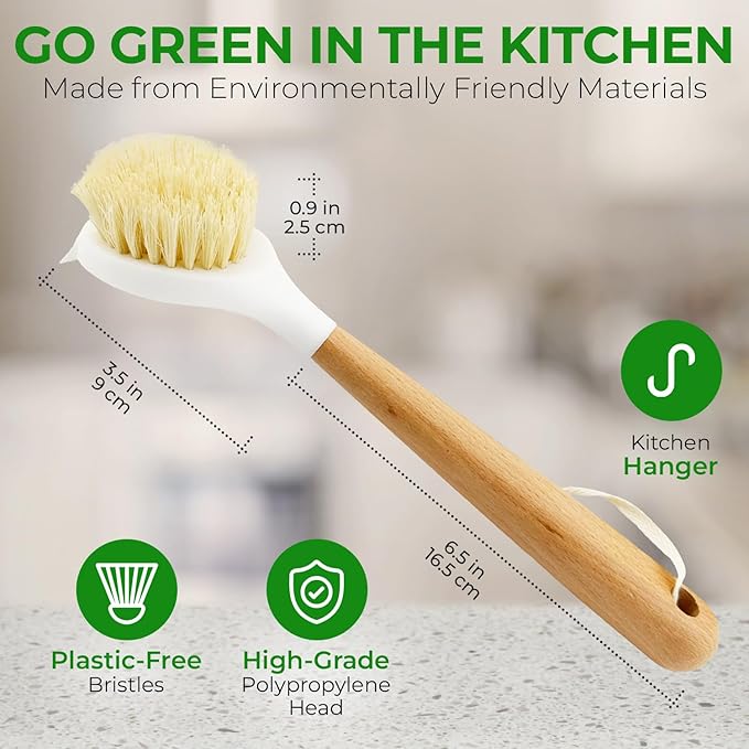AIRNEX Wooden Dish Brush Set of 2 - Dish Brush with Handle Made of Wood & Sisal Bristles, Non Scratch Kitchen Scrub Brush for Dishes, Pots & Pans, Dish Scrubber with Plastic Free Bristles