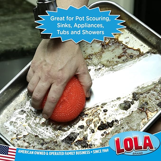 LOLA Plastic Mesh Scouring Pads - 18 Pack, 3.375" x 1.25", Non-Scratch Scrubbers to Clean Dishes, Assorted Colors - 1 Red, 1 Blue & 1 Yellow