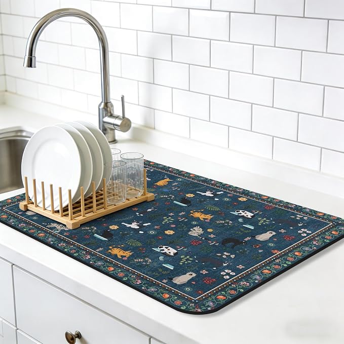 Dish Drying Mat, Vintage Rustic Boho Kitchen Dishes Absorbent Pad, 16x18in | Eco-friendly diatomite with non-slip rubber backing. Super absorbent mat for kitchen counters, coffee bars & sinks