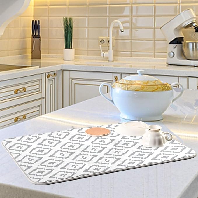 Super Absorbent Dish Drying Mat, Microfiber Fast-Drying Dish Mat, 16" x 18, Kitchen Dish Drying Pad, White Moroccan Rhombus Plaid