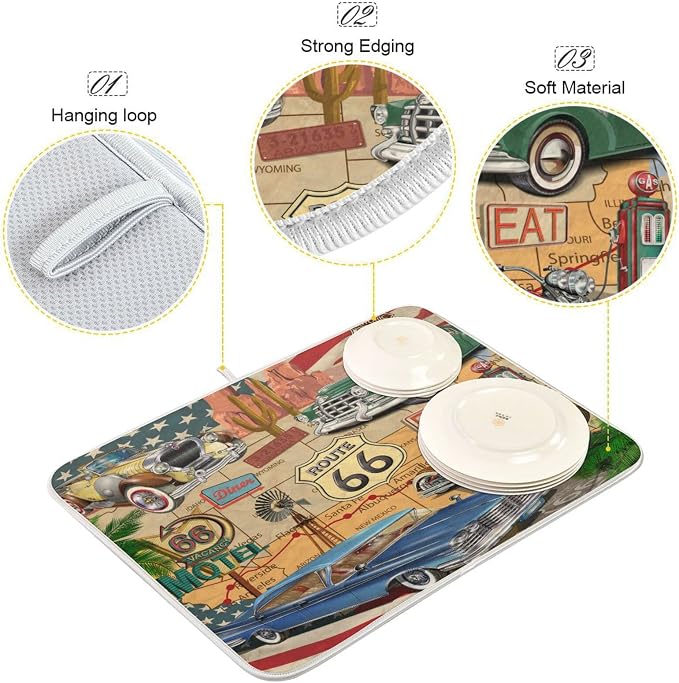 senya Super Absorbent Dish Drying Mat, Microfiber Fast-Drying Dish Mat, 24'' x 18'', Kitchen Dish Drying Pad, Retro Route 66 Poster, (g289343280p523c558s1114)