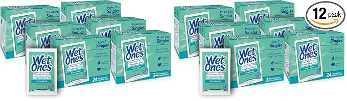 Wet Ones Hand and Face Wipes Singles, Unscented for Sensitive Skin, Hand-Wipes Individually Wrapped | 24 ct, (Pack of 12)