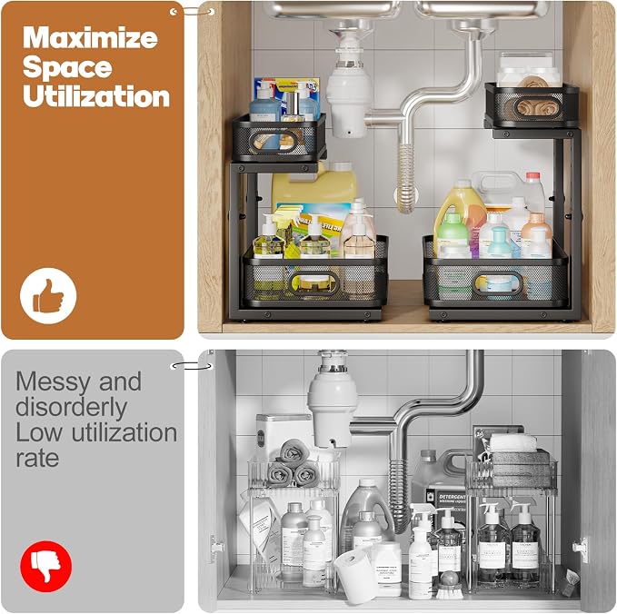 2 Pack 15.7IN-Depth Under Sink Organizer With Smooth Cylindrical Rail,2-Tier Pull Out Multi-Purpose Cabinet Storage for Bathroom&Kitchen,Height Adjustable,Rust-resistant Coating-Black