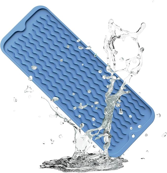 ZLR Small Dish Drying Mat (6" x 17" / 153 x 433mm) - Narrow Silicone Drainer for Kitchen Counter, Apartment & RV - Compact Sponge Holder & Sink Caddy Tray, Non-Slip Food-Grade Silicone (Lichen Blue)