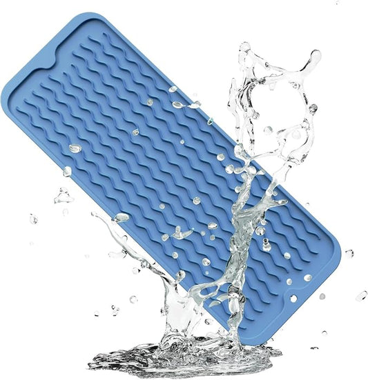 ZLR Small Dish Drying Mat (6" x 17" / 153 x 433mm) - Narrow Silicone Drainer for Kitchen Counter, Apartment & RV - Compact Sponge Holder & Sink Caddy Tray, Non-Slip Food-Grade Silicone (Lichen Blue)