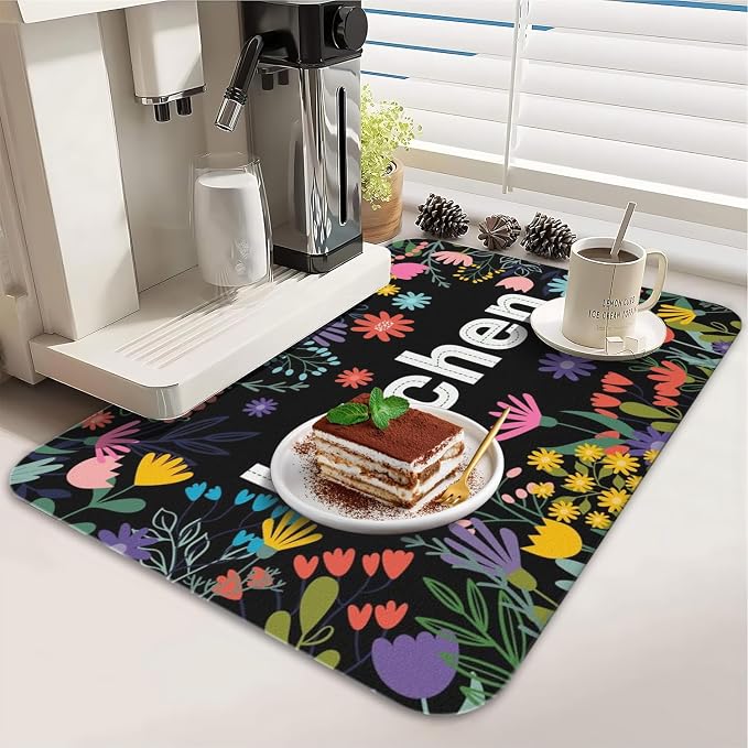 Dish Drying Mat 2-Pack in Floral Garden for Kitchen Counter Dishes Mat | Diatom Mud Mats (18x24, 19.5x12"). Non-slip rubber back for kitchen counter, coffee bar & sink scenes