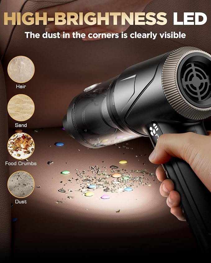 Handheld Vacuum Cleaner 26000Pa Suction with Brushless Motor, 4-in-1 Portable Mini Car Vacuum with 3 Suction Modes, Cordless Vacuum with LED Light, Type-C Charge for Car, Office Desk, Keyboards