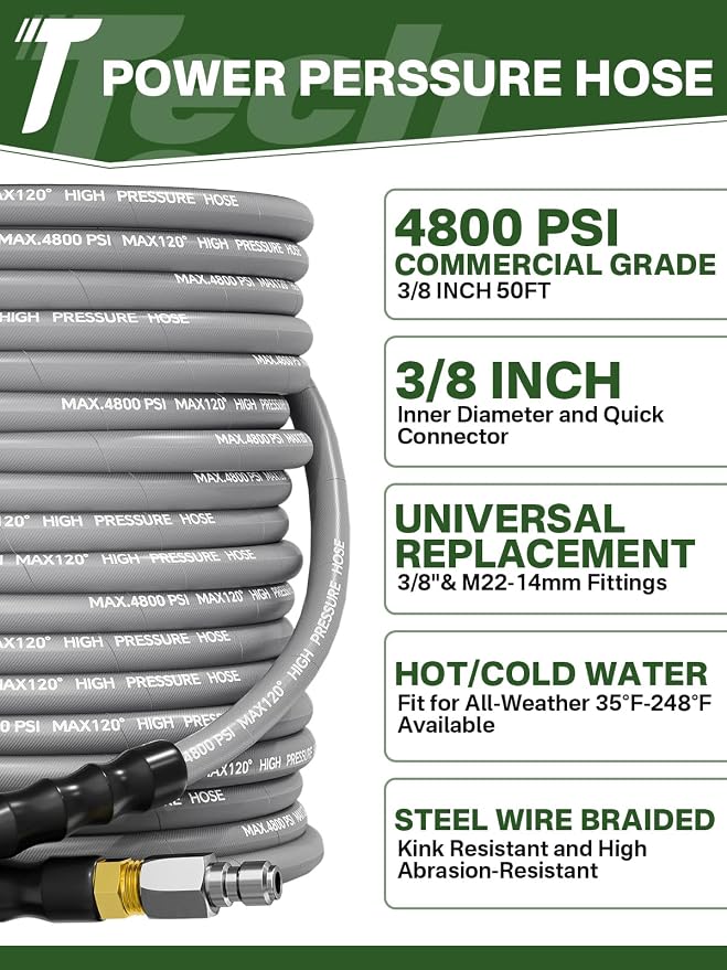 3/8" 4800PSI Pressure Washer Hose 50FT Swivel Quick Connect | Power Washer Hose for Cold/Hot Water Max 248°F, Kink Resistant Steel Wire Braided, Wear Resistant with M22 14mm Adapter