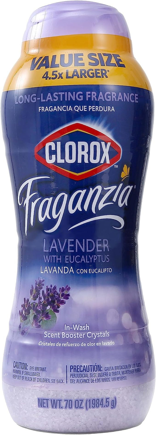 Clorox Fraganzia Laundry Scent Booster Crystals, In-Wash Fragrance Beads for Fresh-Smelling Clothes & Linens, Safe for All Fabrics & Colors, Easy-Pour Bottle, Lavender with Eucalyptus, 70 Oz