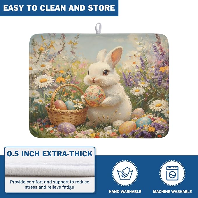 Easter Bunny Eggs Dish Drying Mat for Kitchen Counter 18 x 24 Inch Rabbit Floral Dish Drainer Mat Absorbent Microfiber Dish Rack Pad for Spring Holiday Coffee Dining Bar Decor