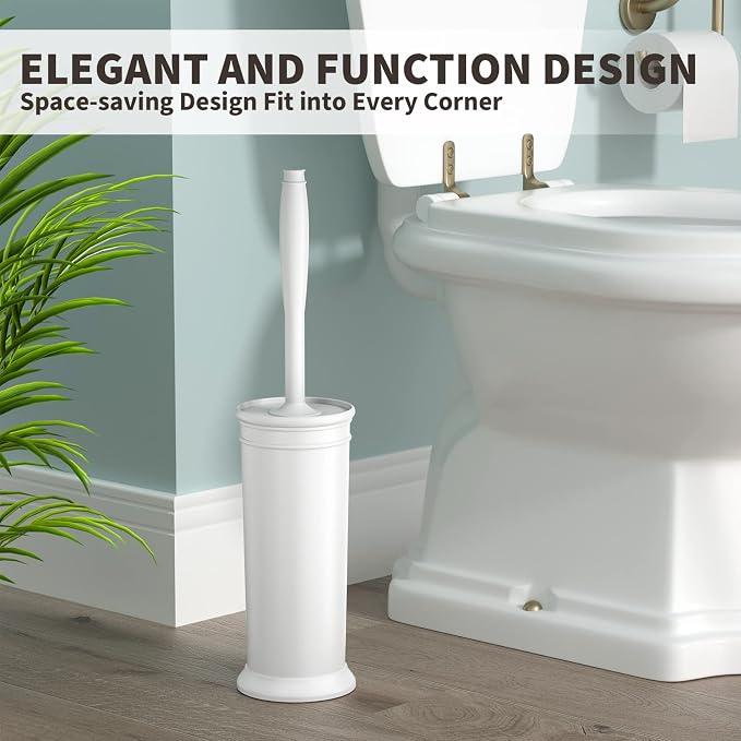 Toilet Brush, Toilet Bowl Brush with Extra Long Handle Durable Bristles Toilet Scrubber and Covered Holder for Toilet Brush Set for Bathroom Cleaning (White, 1 Set)