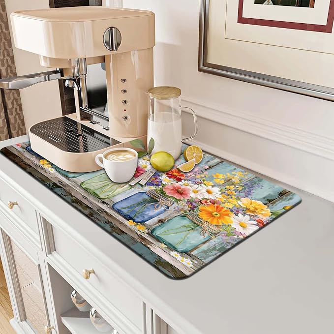 MCALK Floral Vases Dish Drying Mat for Kitchen Counter, Spring Wooden Dish Drying Pad with Anti-Slip Rubber Base, Absorbent Kitchen Sink Mat with Farmhouse Decor (1 pc 18" x 16")