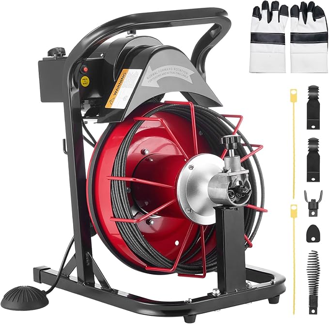 VEVOR Drain Cleaner Machine 50 FT x 5/16 Inch, Auto Feed Sewer Snake Auger with 4 Cutters & Air-Activated Foot Switch for 2" to 4" Pipes