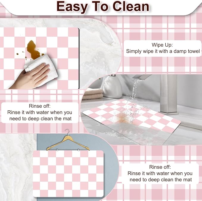 Dish Drying Mat for Kitchen Counter, 12" x 20" Checkered Coffee Bar Mat for Espresso Machine, Absorbent and Stain-Resistant Countertop Protector, Non-Slip Rubber Back Drying Pad, Pink & White