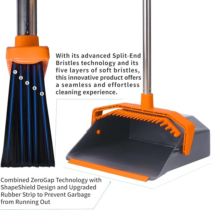 Broom and Dustpan Set for Home, 51" Long Handle Standing Pan Grey Orange | Self-Cleaning Dust Pan and Brooms, ZeroGap Lip, Upright Storage Broom Combo for Kitchen Lobby Office Restaurant Indoor