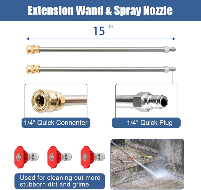 JANZ 14'' Black Pressure Washer Surface Cleaner | 4 Wheels, Stainless Steel Housing, 1/4" Quick Plug, 2 Extension Wands, 2 Replacement Nozzles and 3 Spray Nozzles,4000 PSI