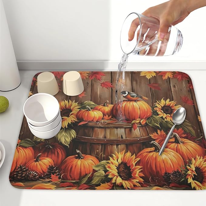 Fall Pumpkin Dish Drying Mat for Kitchen Counter Thanksgiving Autumn Harvest Pumpkin Microfiber Dish Drainer Mat Rustic Farmhouse Absorbent Washable Drying Pad 16"x18"