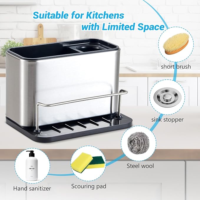 Kitchen Sink Organizer Stainless Steel, Stainless Steel Kitchen Sink Organizer, Compact Multi-Compartment Caddy for Sponges, Brushes & Cleaning Supplies, Rust-Resistant, Easy to Clean