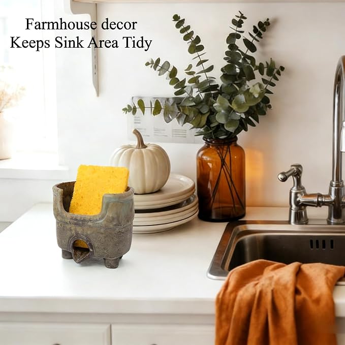 Ceramic Sponge Holder with Drainage, Rustic Farmhouse Sink Caddy Organizer, Self Draining Sponge Dish for Scrubbers, Soap & Brushes, Compact Kitchen Accessory, Keeps Counter Dry (Avocado)