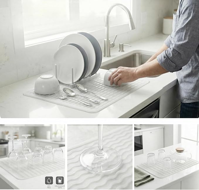 MicoYang Silicone Dish Drying Mat — Quick-Dry Ridges Counter & Sink Pad, Heat-Resistant Trivet to 450°F, Non-Slip & Dishwasher Safe, Roll-Up Storage, 18 Colors & 9 Sizes (Translucent, 16"×12")