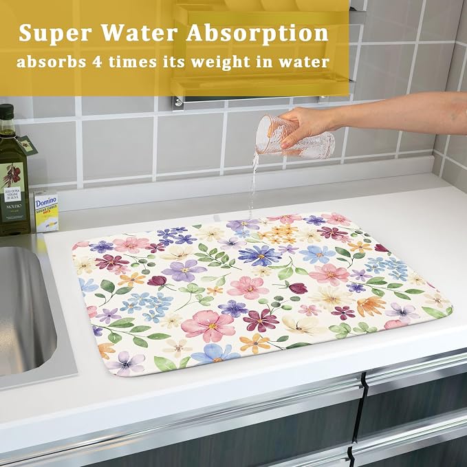 Floral Dish Drying Mat for Kitchen Counter 18x24, Spring Decorative Absorbent Reversible Microfiber Kitchen Countertop Protector Dishes Drainer Pad, Colorful Cute Flower