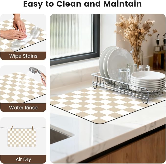 Checkered Dish Mat for Kitchen Coffee Station, 12" x 20" Beige | Quick Drying & Absorbent Mat for Coffee Bar Espresso Machine Countertops Accessories