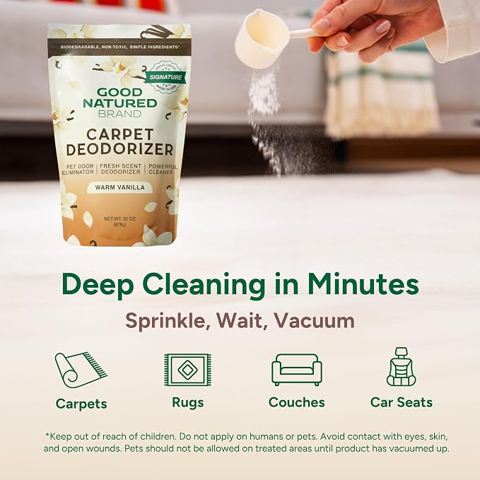 Good Natured Brand | Carpet Freshener & Deodorizer Powder | 31 oz Pet Odor Eliminator for Strong Odor & Pet Urine | Fresh Natural Warm Vanilla Scent | Safe for Homes with Pets