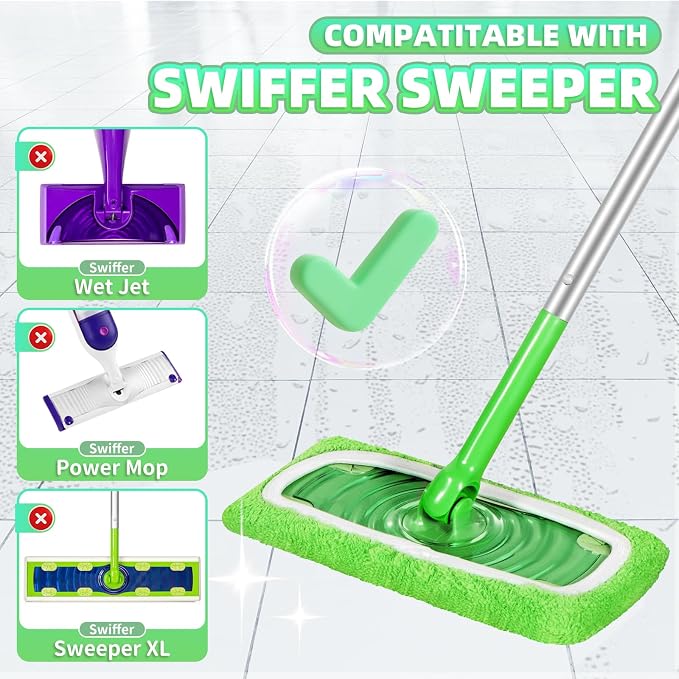 8 Pack Reusable Mop Pads Compatible with Swiffer Sweeper, Coral Fleece Washable Swiffer Pads, Dry & Wet Sweeping Mopping Cloths (Green, Not Included Mop)