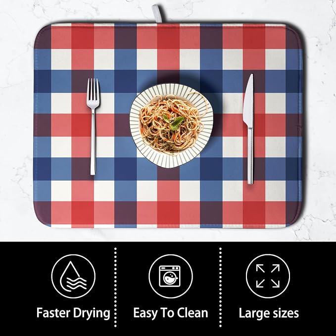 4th of July Dish Drying Mat Patriotic Buffalo Plaid Drying Mats for Kitchen Counter Absorbent Microfiber Dish Drainer Pad Independence Memorial Day Dish Draining Mat 16x18 Inch