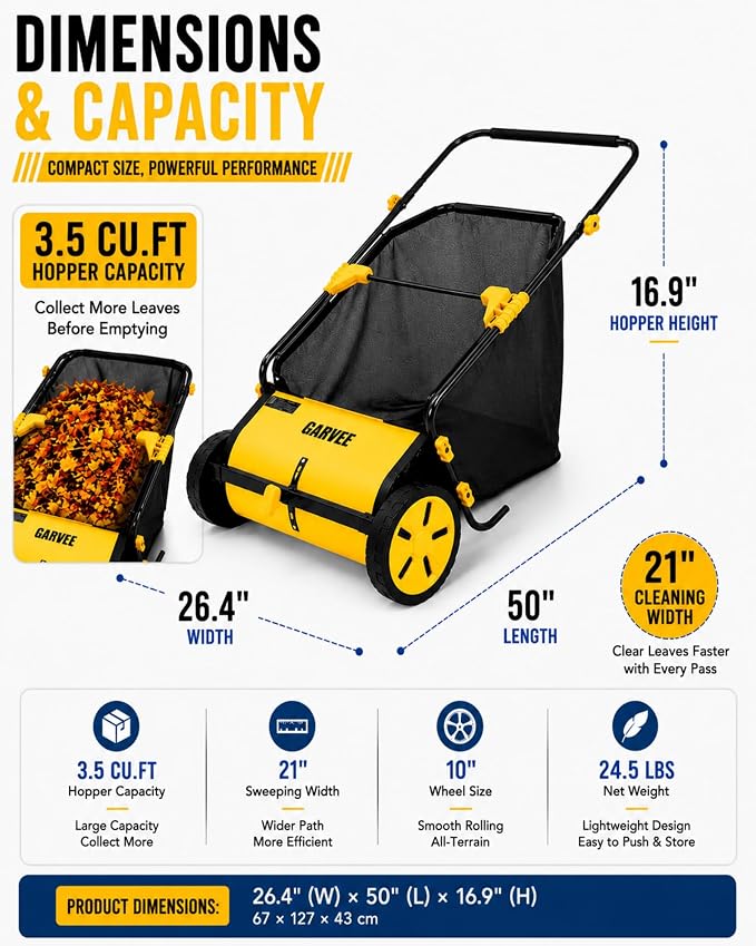 21 Inch Push Lawn Sweeper with 3.5 Cu. Ft. Large Mesh Collection Bag | Heavy Duty Steel Frame, 10" Rubber Wheels, 4 Spinning Brushes, Manual Height Adjustment for Leaves, Grass and Yard Debris