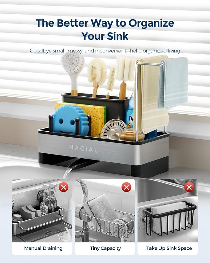Nacial Kitchen Sink Caddy Organzier with High Brush Holder, Sponge Holder for Kitchen Sink with Two Towel Racks - Rustproof 304 Stainless Steel Kitchen Countertop Storage Essentials