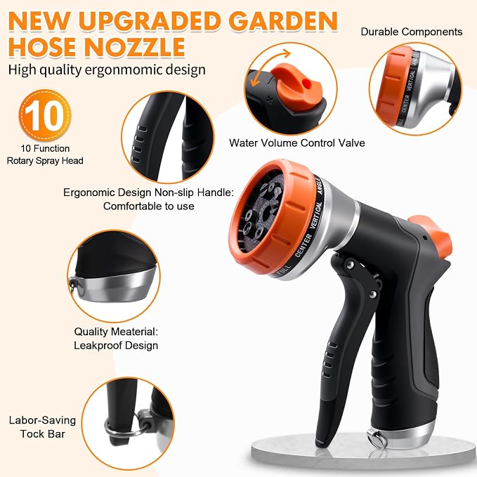 Garden Hose Nozzles,Water Hose Spray Nozzle with Water Volume Control Valve | High Pressure Water Hose Nozzle Sprayer with Adjustable 10 Patterns for Plants & Lawns Watering,Car Washing and Pet Showering