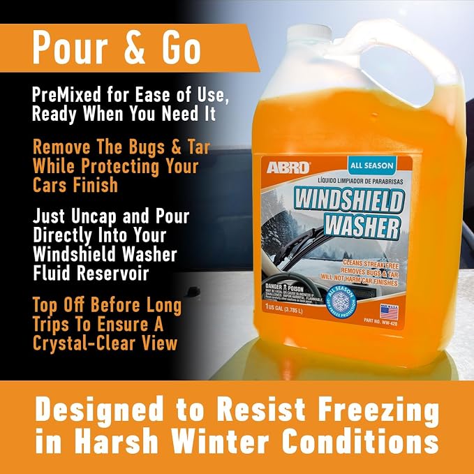 ABRO Windshield Washer Fluid 1 Gallon, Streak-Free Bug Remover | Ready-to-use fluid cuts bug splatter, dirt and road grime for clear, streak-free glass; safe for wipers and paint